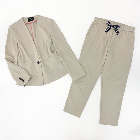 23i17 PS Paul Smith ポールスミス セットアップ ノーカラージャケット イージーパンツ ボトムス 大きいサイズ 42 XLサイズ相当 ベージュ レディースk02i