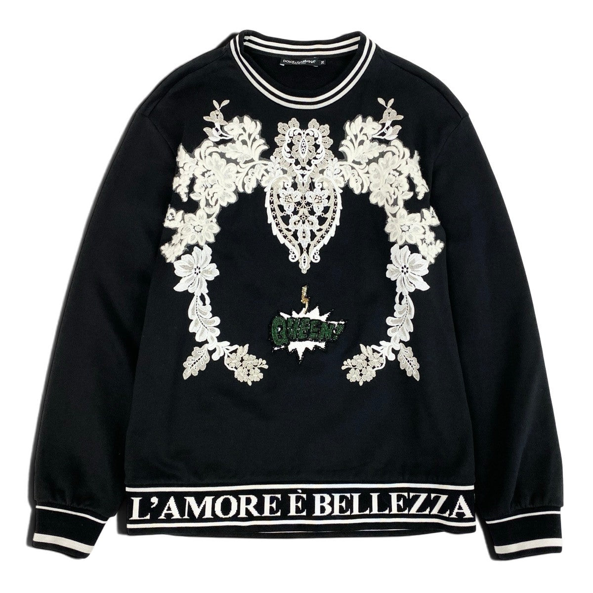 Hh11 【美品】DOLCE&GABBANA レース ビーズ 刺繍 スウェット トップス イタリア製 38サイズ ブラック レディース 女性用k02i