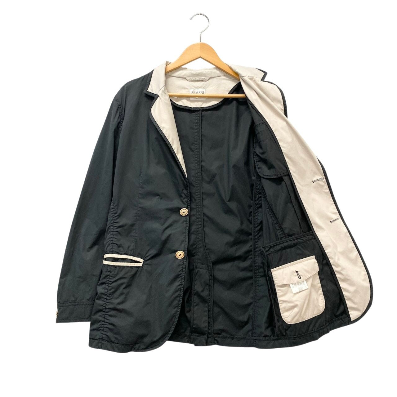 10c29 ARMANI COLLEZIONI アルマーニコレツィオーネ テーラードジャケット カジュアルジャケット 薄手 バイカラー コットンブレンド メンズ 紳士服 イタリア製 48 ブラック ベージュk02i