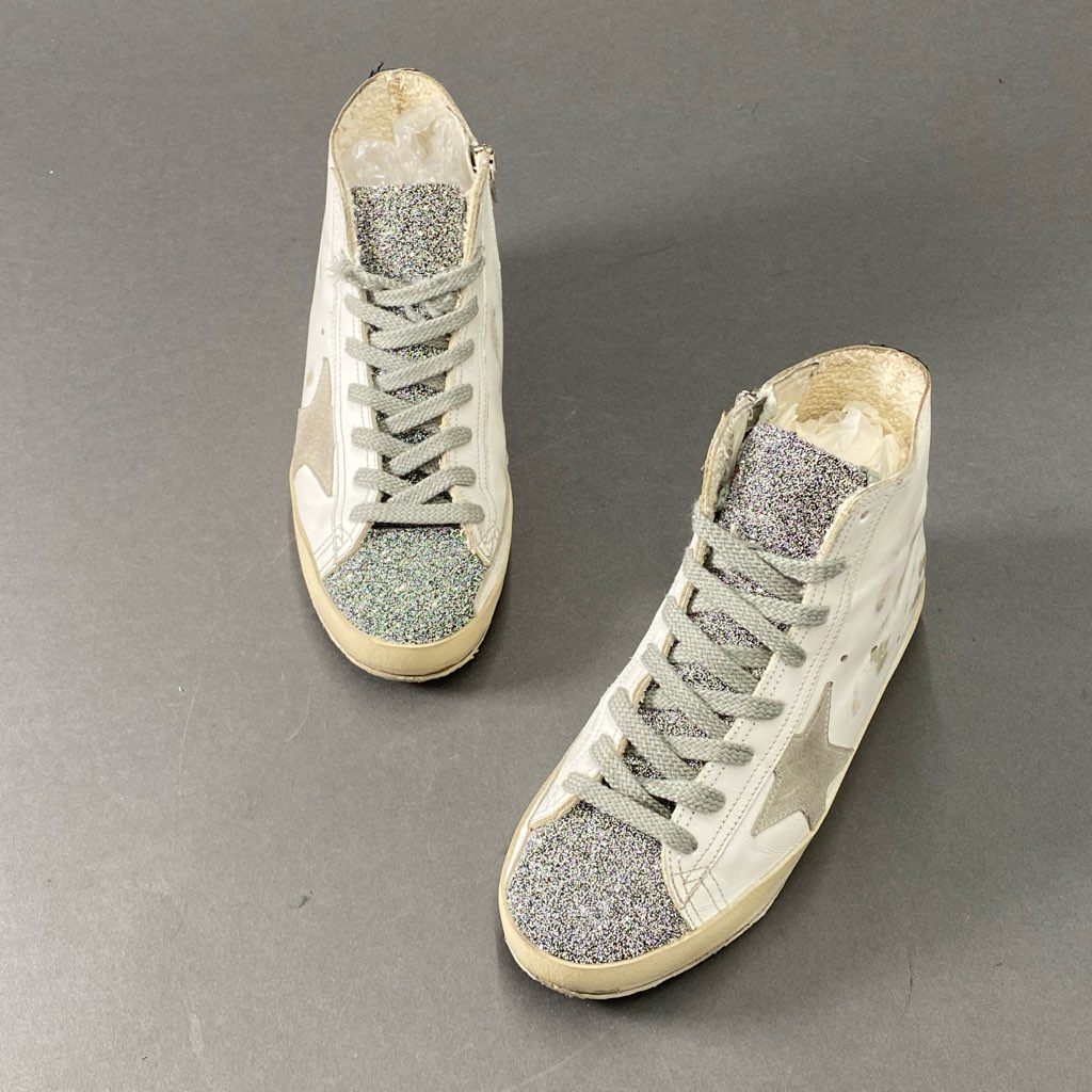 3d21 【美品】 GOLDEN GOOSE ゴールデングース GGDB FRABCY ハイカットスニーカー 35 ホワイト レザー グリッター ヴィンテージ加工