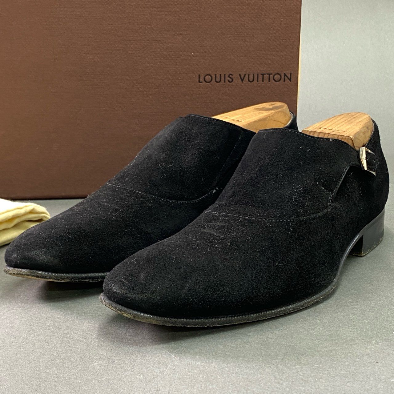 13k6 【イタリア製】LOUIS VUITTON ルイヴィトン モンクストラップシューズ ドレスシューズ サイズ7 ブラック スウェード メンズ 男性用 革靴 ビジネスシューズ