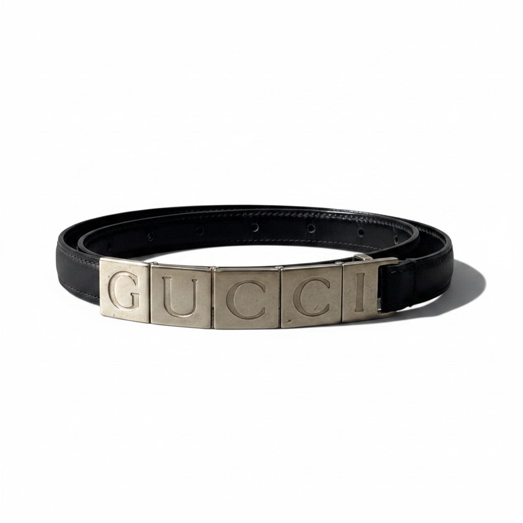 h12 GUCCI グッチ ロゴメタル プレート レザーベルト 75 ブラック レザー レディースu02t