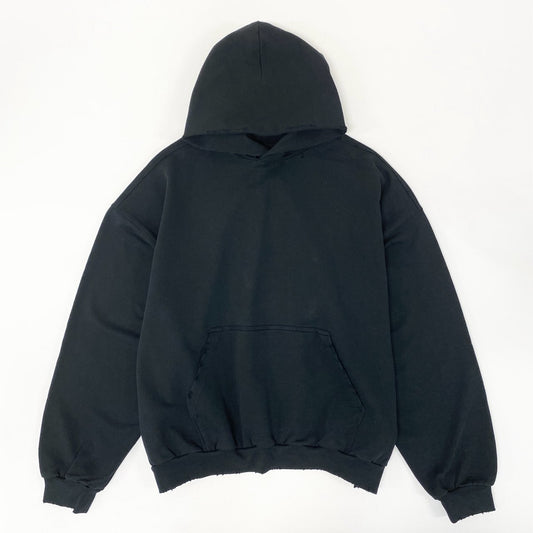 22i16 《未使用品》タグ付 BALENCIAGA バレンシアガ ロゴエンブロイダリー ダメージ加工 プルオーバーパーカー フーディ  742603 Mサイズ ブラック コットンo07t