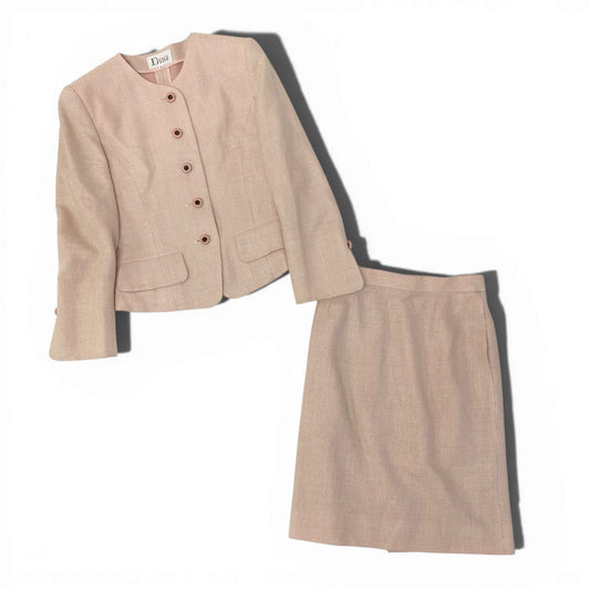 76a28 Vintage Dior Mademoiselle ディオール マドモアゼル クロップドジャケット スカート セットアップ 装飾ボタン M ピンク レディースu02t