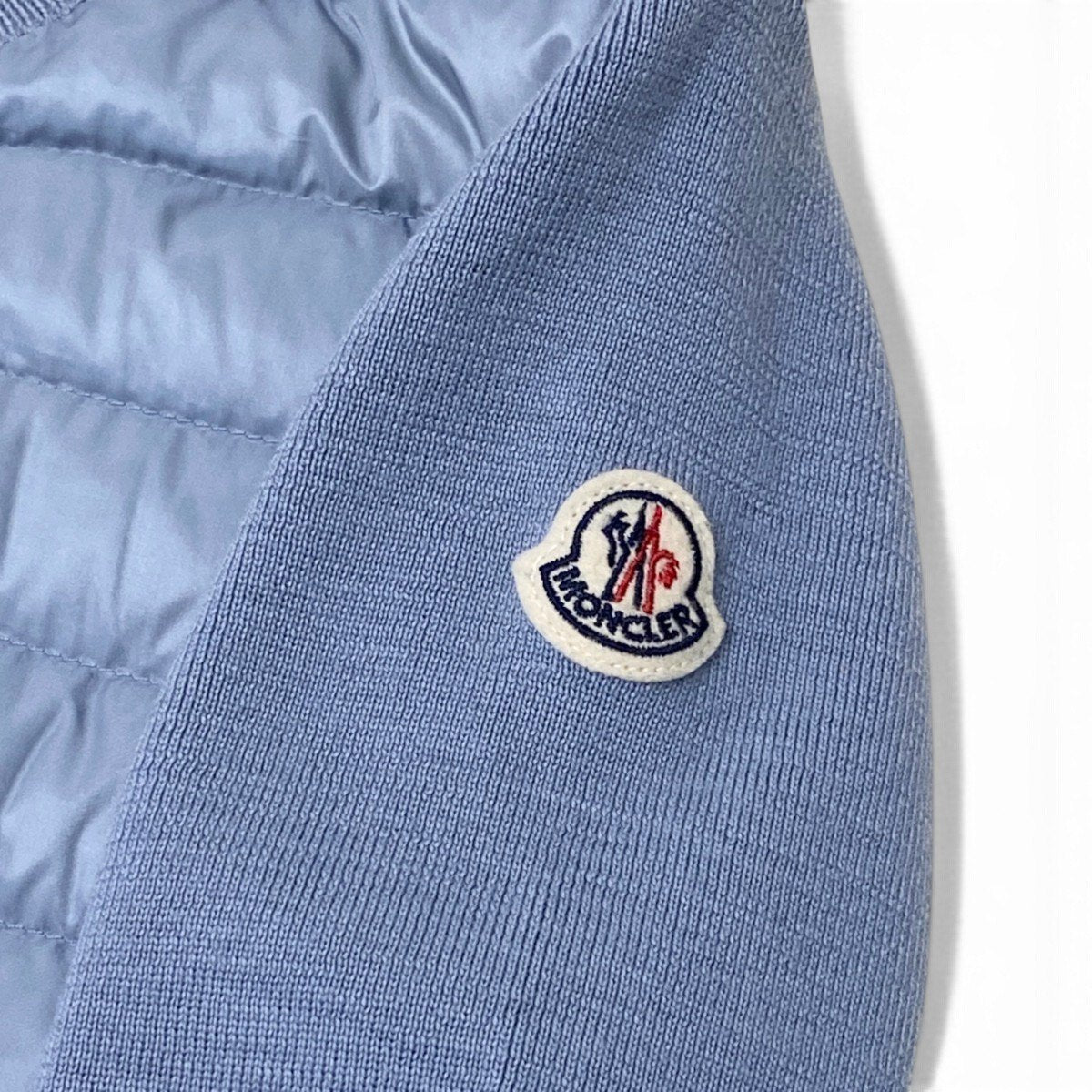 Ei13 MONCLER モンクレール  CARDIGAN TRICOT カーディガン トリコット ダウン ロゴワッペン XS ライトブルー レディース 女性用k02i