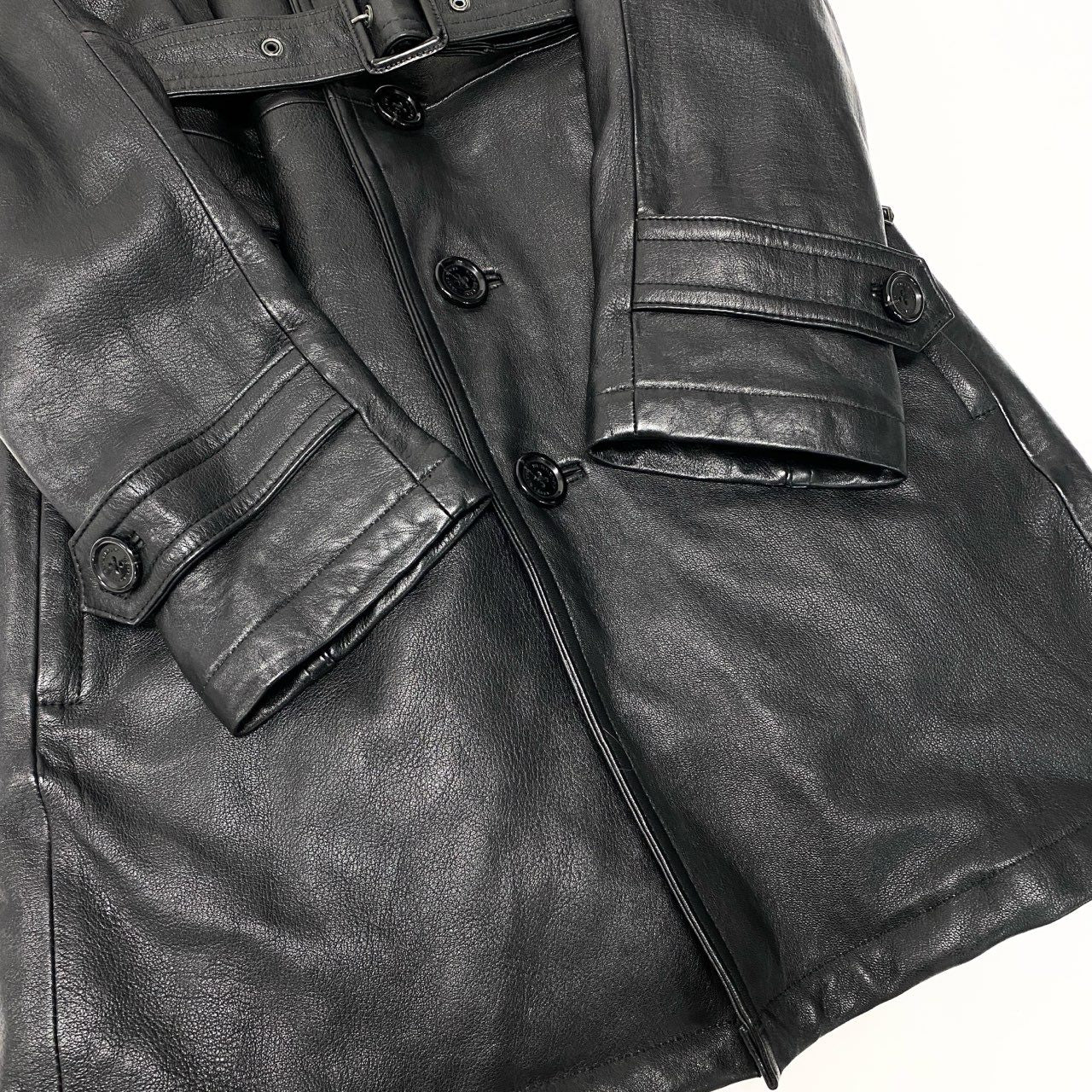 79a14 BURBERRY BLACK LABEL バーバリーブラックレーベル レザーコート ベルテッドコート 中綿キルティング ラビットファー襟 LL ブラック メンズu02t