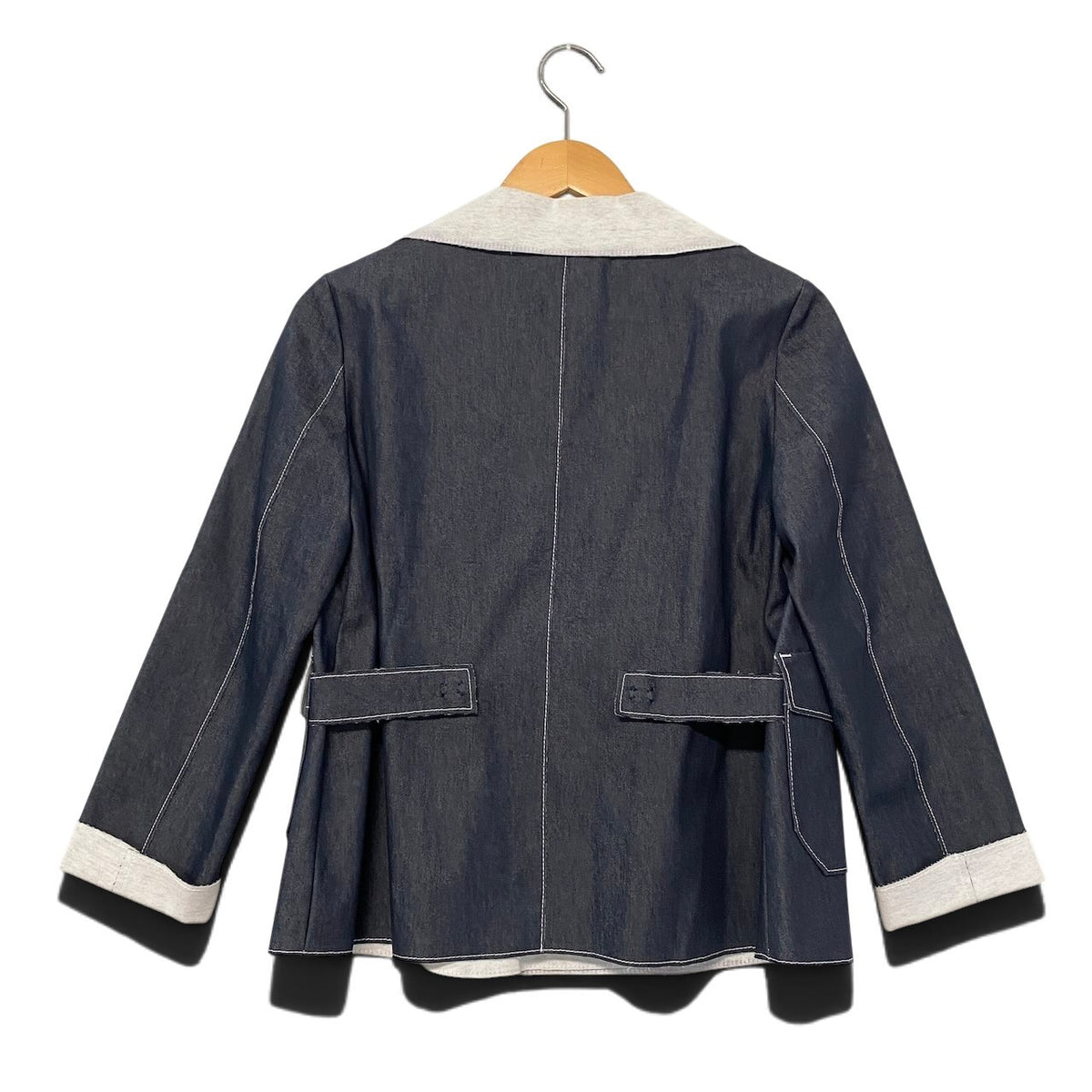57j22 EMPORIO ARMANI エンポリオアルマーニ ダブルブレスト ジャケット デニム 切替 38 インディゴ ライトグレー コットン レディースo07t