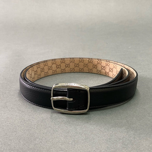 f4② 《美品》 GUCCI グッチ シルバーピンバックル レザーベルト 90・36 ブラック Leather ビジネス オフィス 保存袋