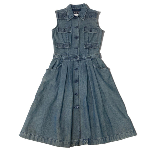 Ci13 CHANEL シャネル 01P CCボタン デニム ロングワンピース Vintage CC Button Denim Dress Size 36 インディゴブルーt18r