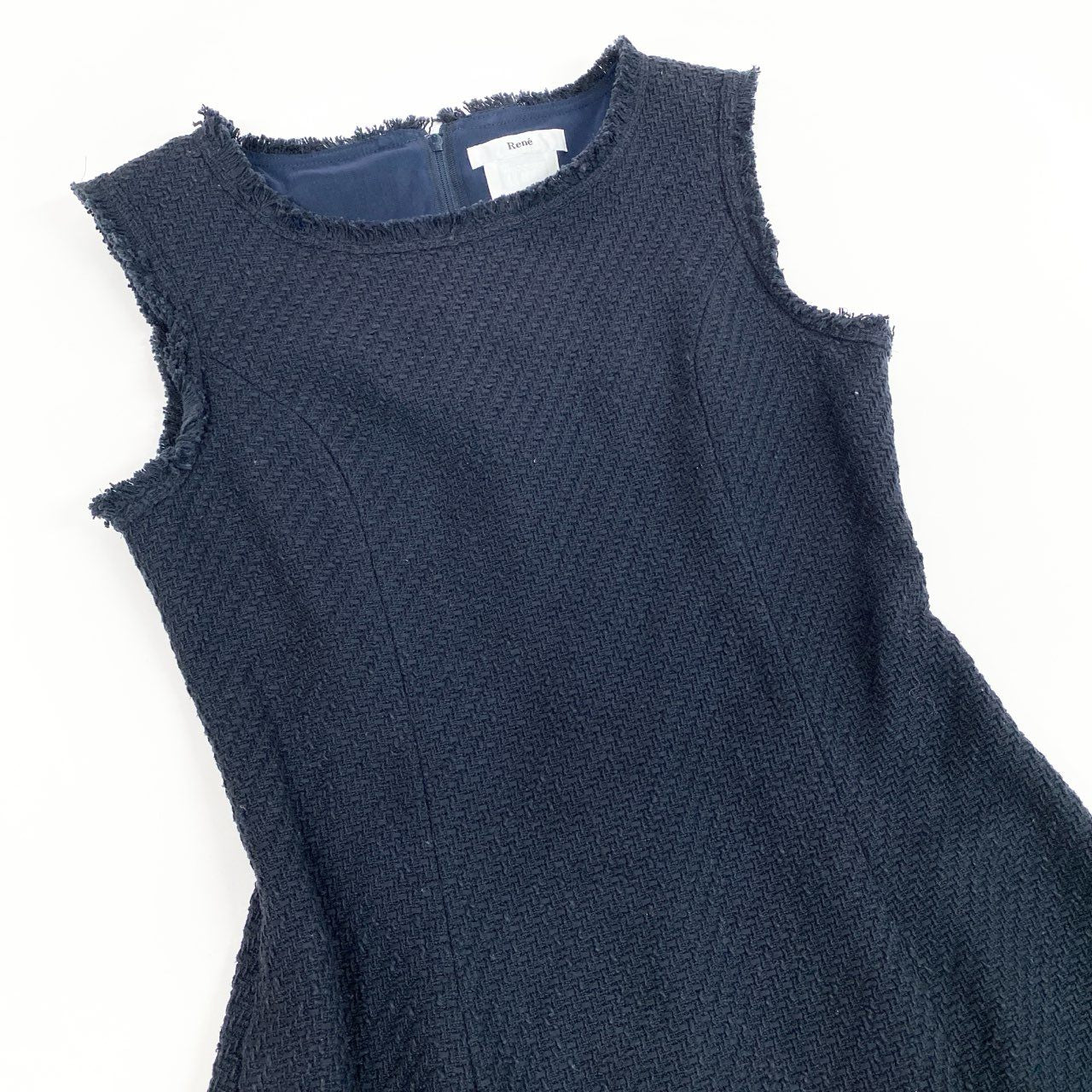 50b12 【美品】Rene ルネ ツイードワンピース ノースリーブワンピース 6016520 34サイズ ネイビー コットン100％ レディース 女性用u02t