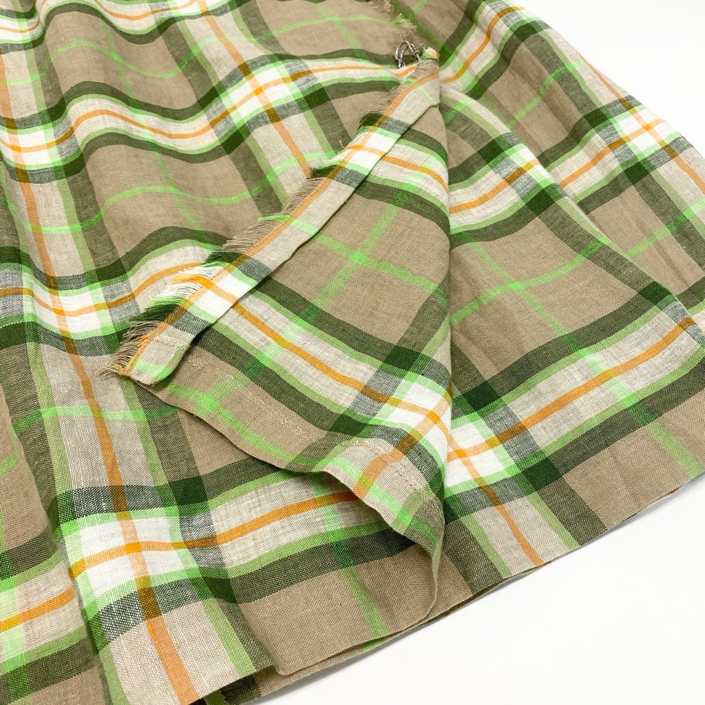 67a12 《美品》 O’NEIL OF DUBLIN オニールオブダブリン 定番 チェック柄 巻きスカート 膝下スカート クリップ付き 42 グリーン ベージュ リネン レディース 女性用u02t