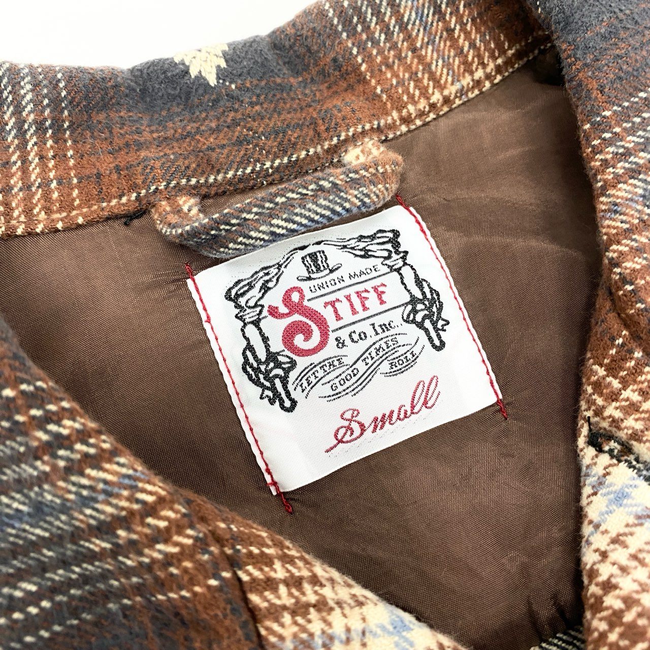 27L1 STIFF スティッフ 長袖 チェックシャツ ネルシャツ コンチョ ネイティブ柄 刺繍  S ブラウン ネイビー オフホワイト コットン100％u02t