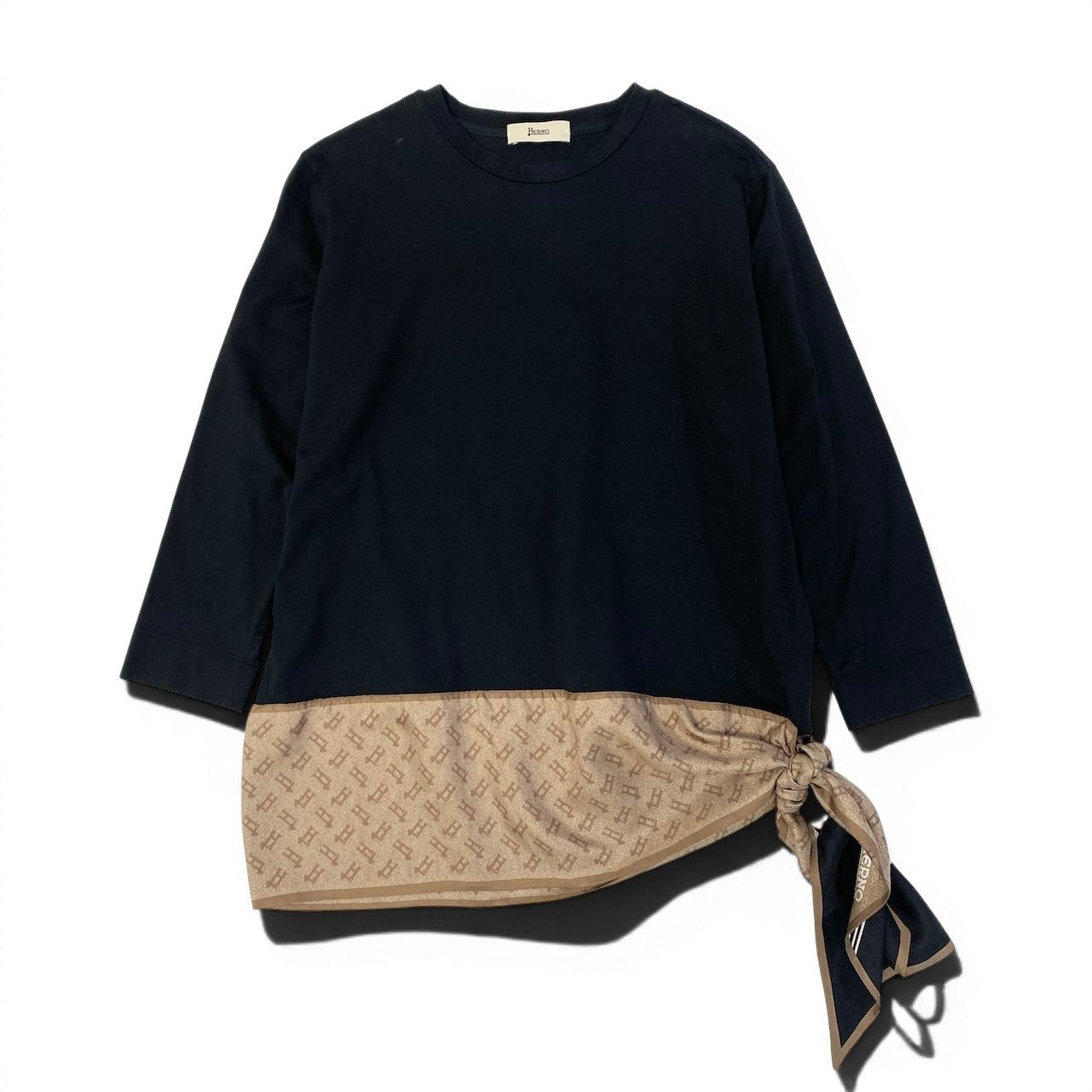 60d28 HERNO ヘルノ アシンメトリー 七分袖 カットソー クルーネック トップス 裾切替 ストレッチ サイズ40 ブラック ベージュ レディース 女性用u02t