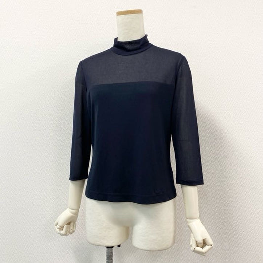 80g23 【美品】 LEONARD レオナール 七分袖カットソー トップス カンカン素材 モックネック 薄手 春夏 レディース 女性用 0159581 L ブラック