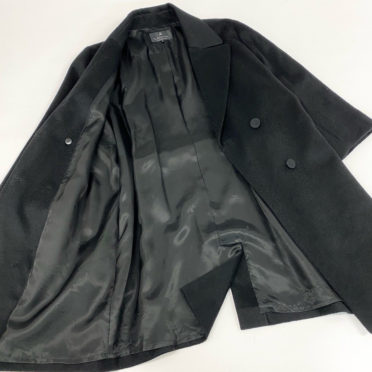 61g23 LANVIN COLLECTION ランバンコレクション 総カシミヤ ダブルプレスト チェスターコート ベルテッドロングコート 42 ブラック カシミア100 レディース