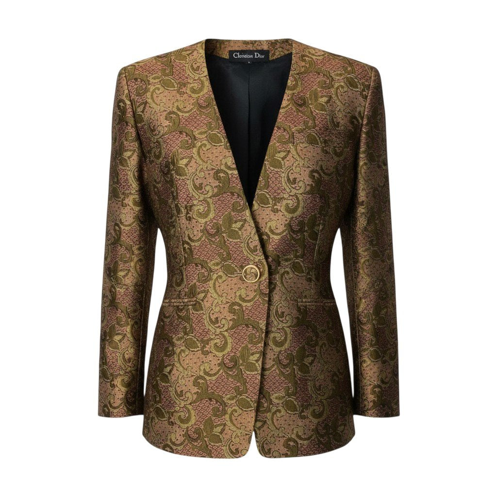 77h20【美品】 Christian Dior クリスチャンディオール ノーカラージャケット 総柄 金ボタン サイズM マルチカラー レディースu02t