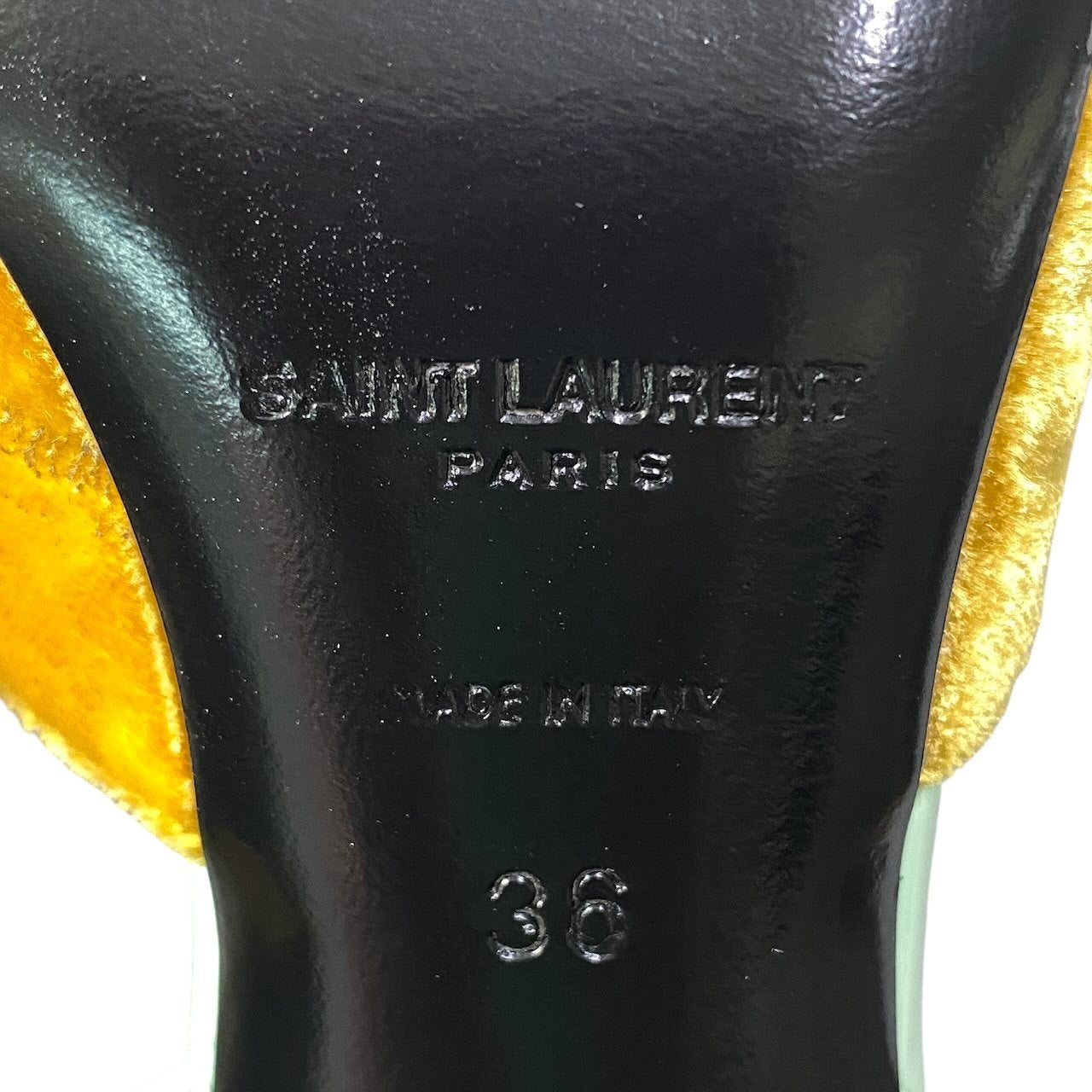 g14【美品】SAINT LAURENT スリングバック パンプス イタリア製 36サイズ イエロー グリーン ベルベット レザー レディース 女性用k02i