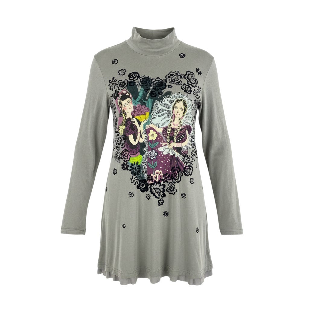 56k26 TOKUKO 1er VOL トクコプルミエヴォル 長袖ワンピース 裾シアー切替 プリント 伸縮ストレッチ 9 グレー系 レディースu02t