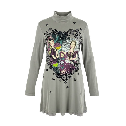 56k26 TOKUKO 1er VOL トクコプルミエヴォル 長袖ワンピース 裾シアー切替 プリント 伸縮ストレッチ 9 グレー系 レディースu02t