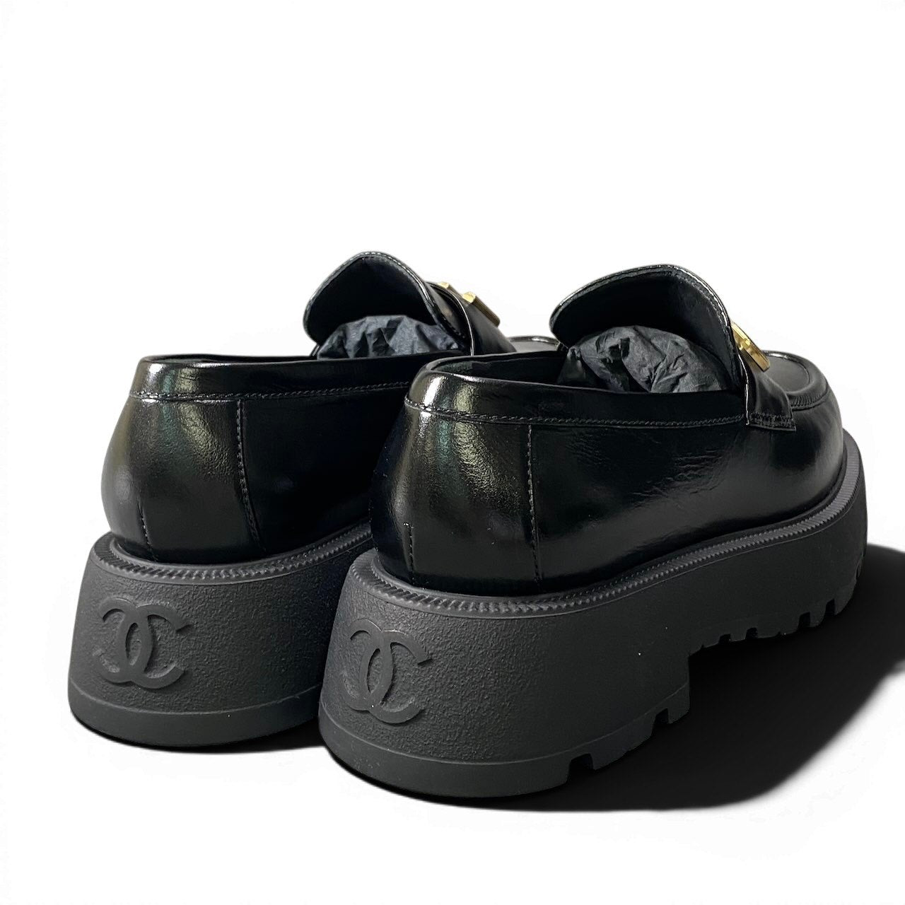 e18 CHANEL シャネル ローファー ブランドロゴ カーフスキンレザー 厚底ソール ボリューム レディース 女性用 G45788 36 ブラックu02t