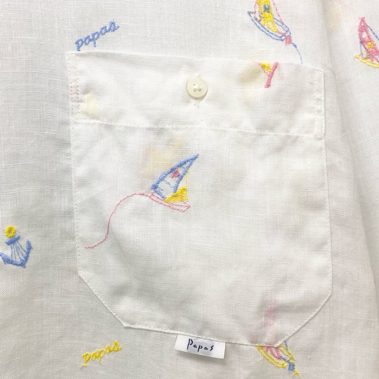 5c6 《美品》 Papas パパス リネンシャツ 長袖シャツ トップス 刺繍 LL ホワイト 麻100％ メンズu02t