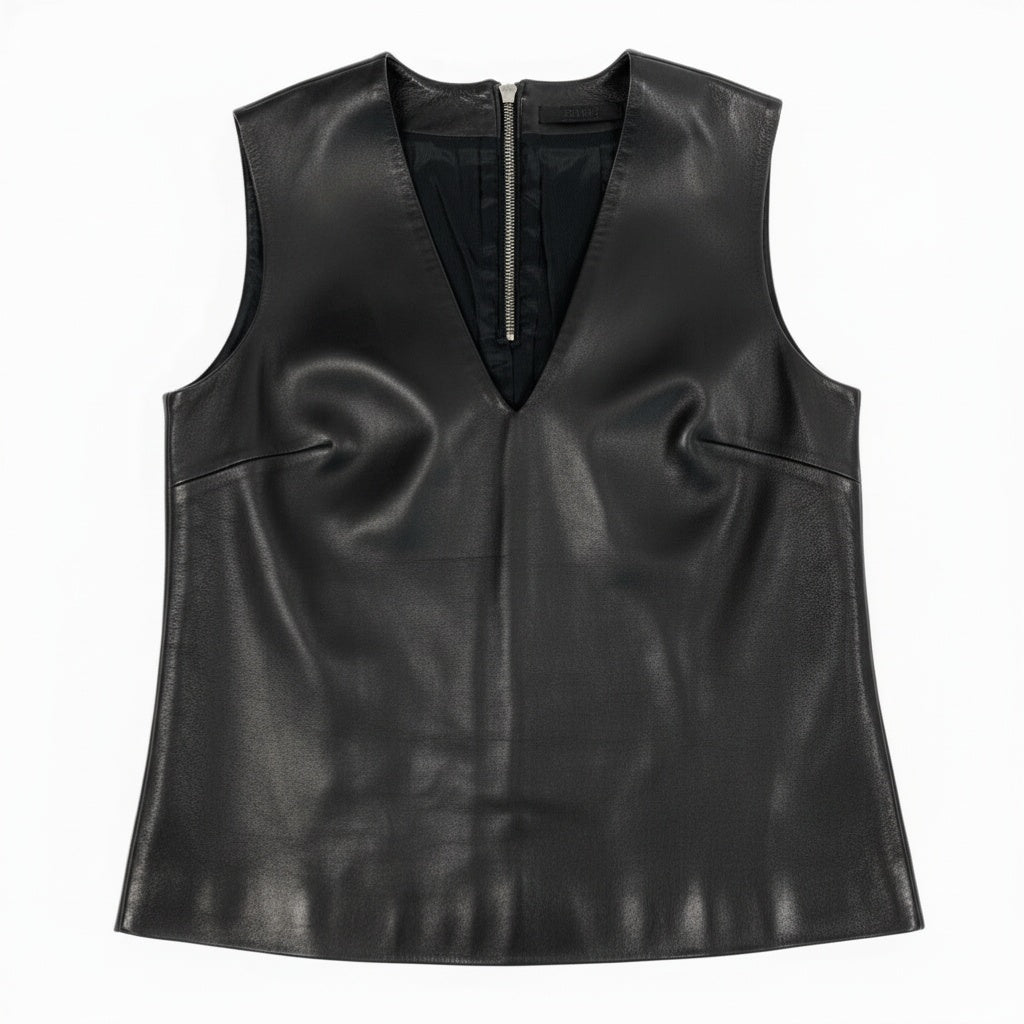 50b7 【美品】THE ROW ザロウ Vネックレザーベスト ノースリーブベスト トップス 4サイズ ブラック 羊革100％ レディース 女性用k02i