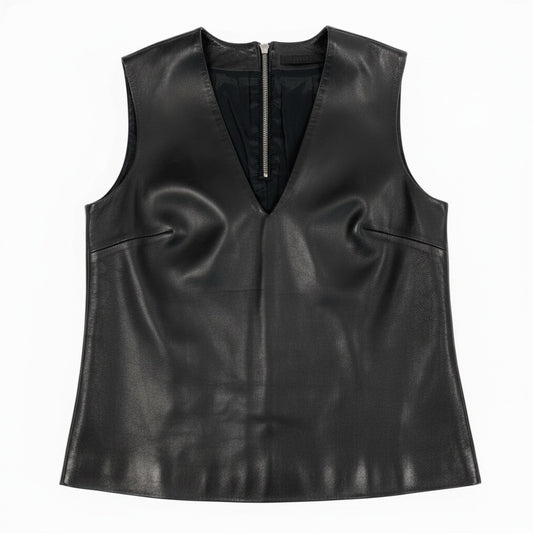 50b7 【美品】THE ROW ザロウ Vネックレザーベスト ノースリーブベスト トップス 4サイズ ブラック 羊革100％ レディース 女性用k02i