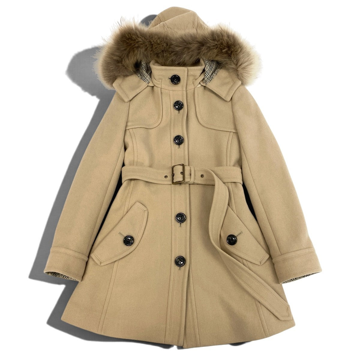 j23 BURBERRY BLUE LABEL スタンドカラーフーディーウールコート アウター 38サイズ ベージュ レディース 女性用u02t