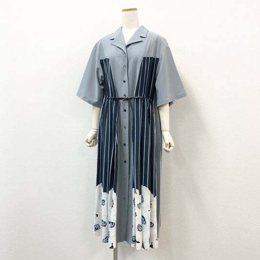 11f12-2 《未使用》定価￥33.000 ふりふ プリーツ加工 フラワープリント シャツワンピース F ブルー ドレス タグ付き