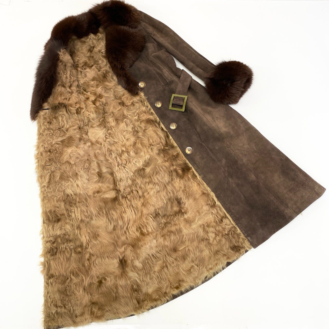 84a14 フォックスファー スエードレザー ベルテッドコート ロングコート ラムファー インナー ブラウン フォックス ラムファー 毛皮コートt18r