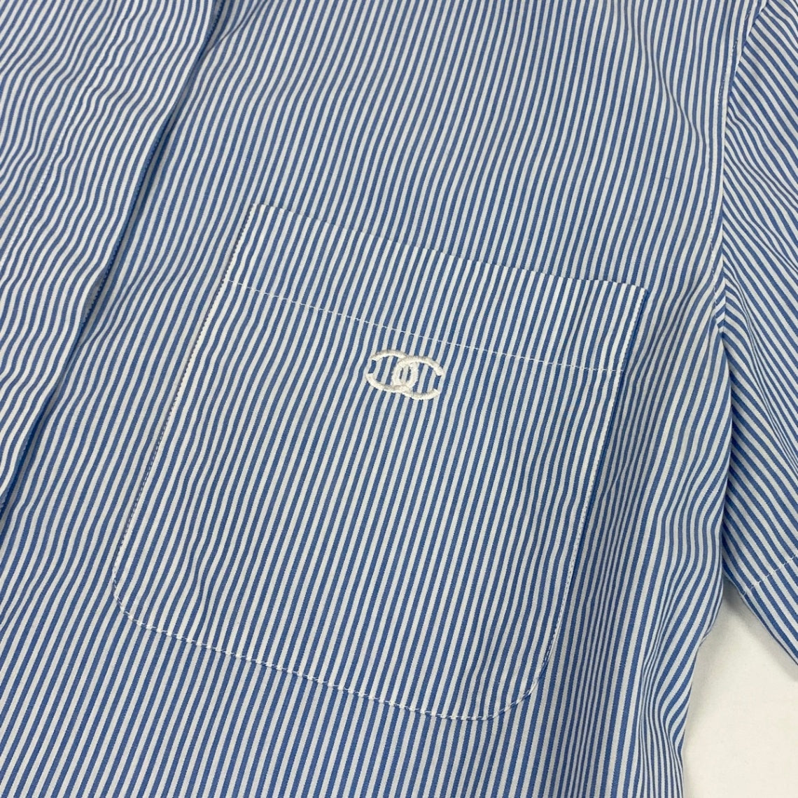 j1 CHANEL シャネル 1999 CCロゴ ストライプ 半袖シャツ Short-Sleeve Striped Shirt with CC Logo Size 40 Blue/White 100% Cotton Women'st18r