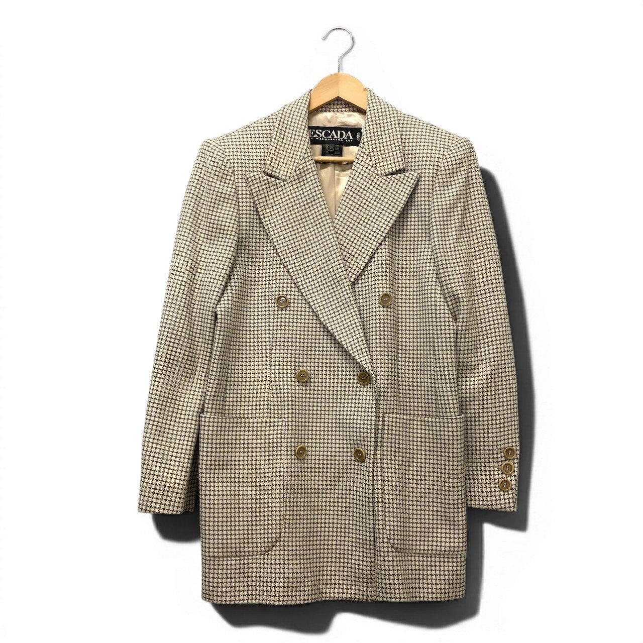 83e15【美品】ESCADA エスカーダ テーラードジャケット ウールカシミヤジャケット ブレザー 千鳥格子 38サイズ ベージュ レディース 女性用u02t