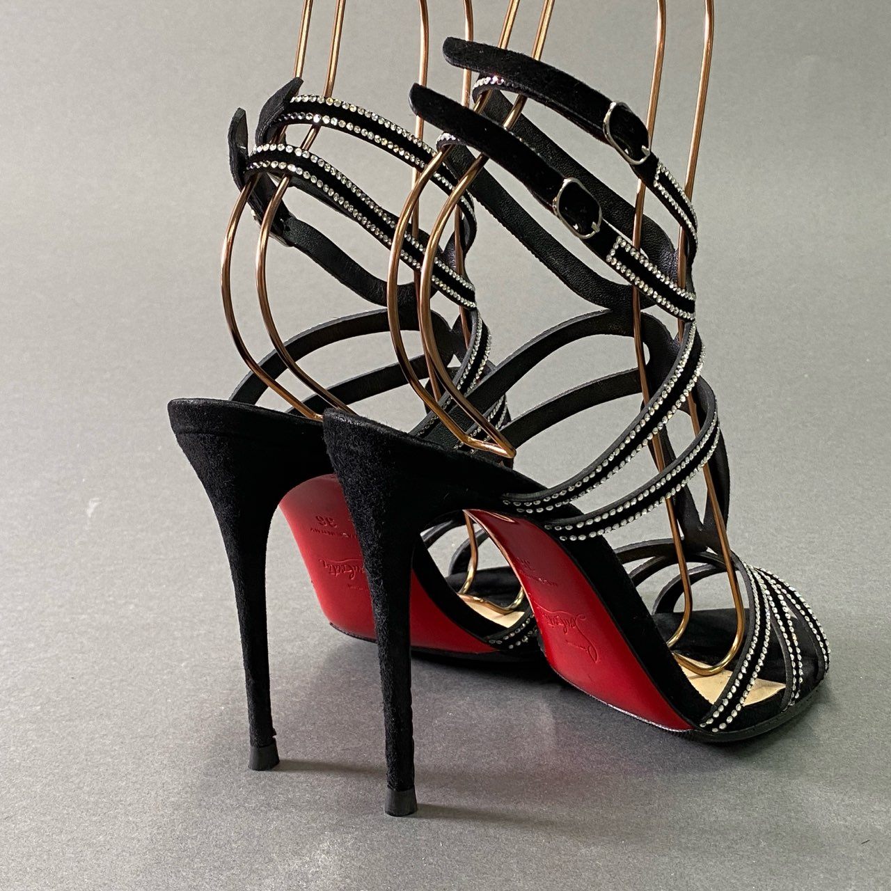 5e30 《極美品》 Christian Louboutin クリスチャンルブタン RENEE STRASS 100 ラインストーン クリスタルヒールサンダル 36 ブラック スエードレザー パンプス 箱付き