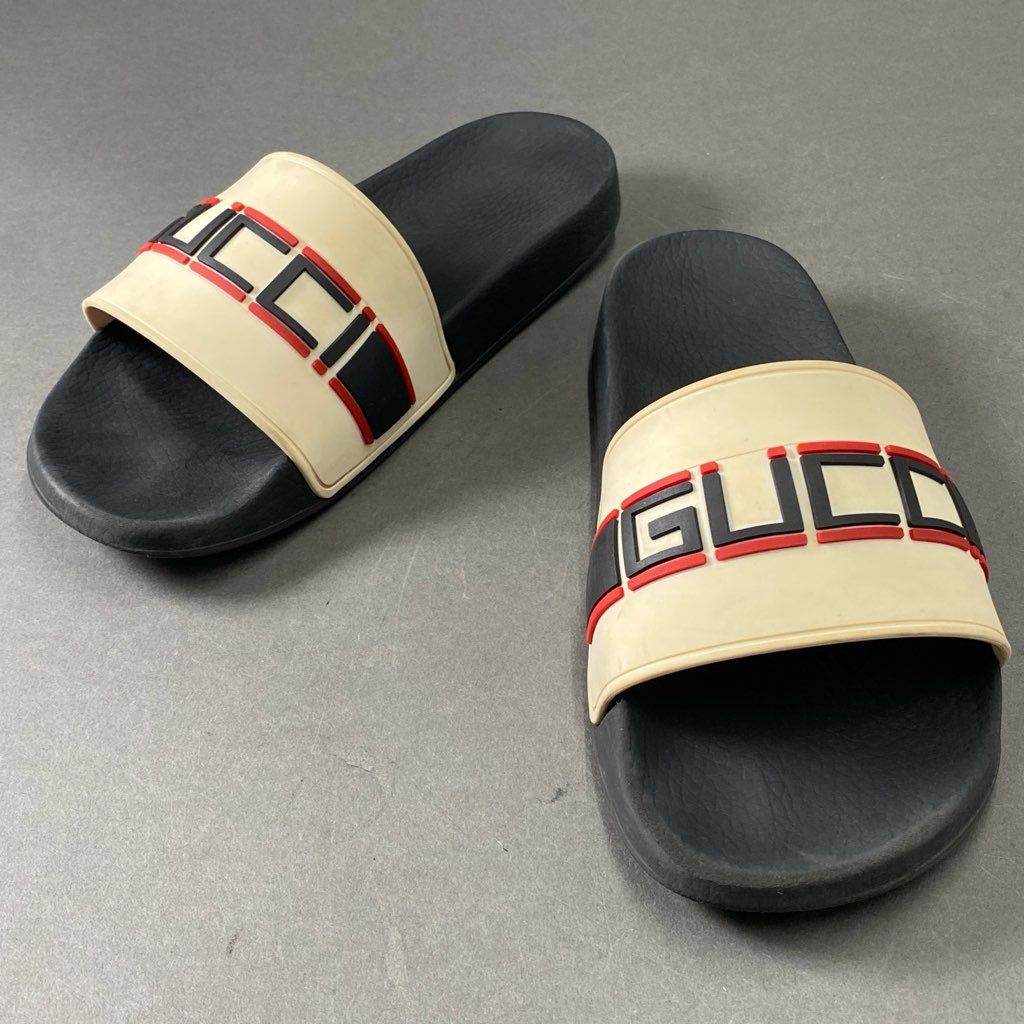 3f3 GUCCI グッチ ベナッシ シャワーサンダル 7 ホワイト ブラック ラバー スライドサンダル イタリア製 シューズ