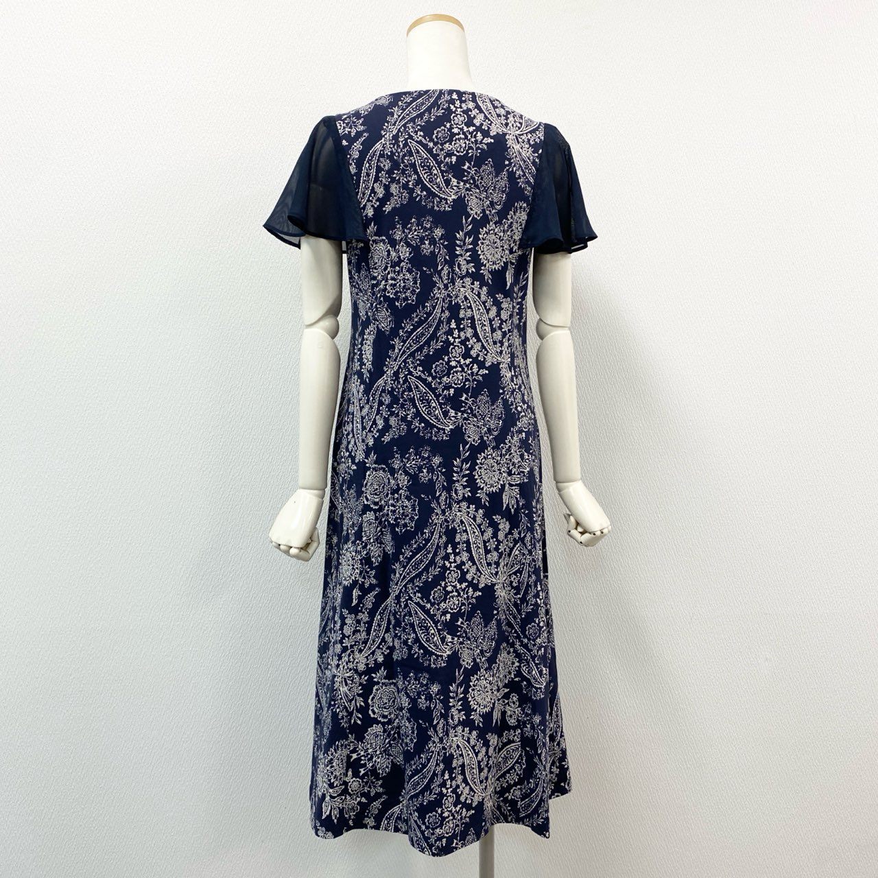 61g23 LAURA ASHLEY ローラアシュレイ タグ付 フレンチスリーブ ワンピース ドレス 総柄プリント 9号 ネイビー コットン レディース