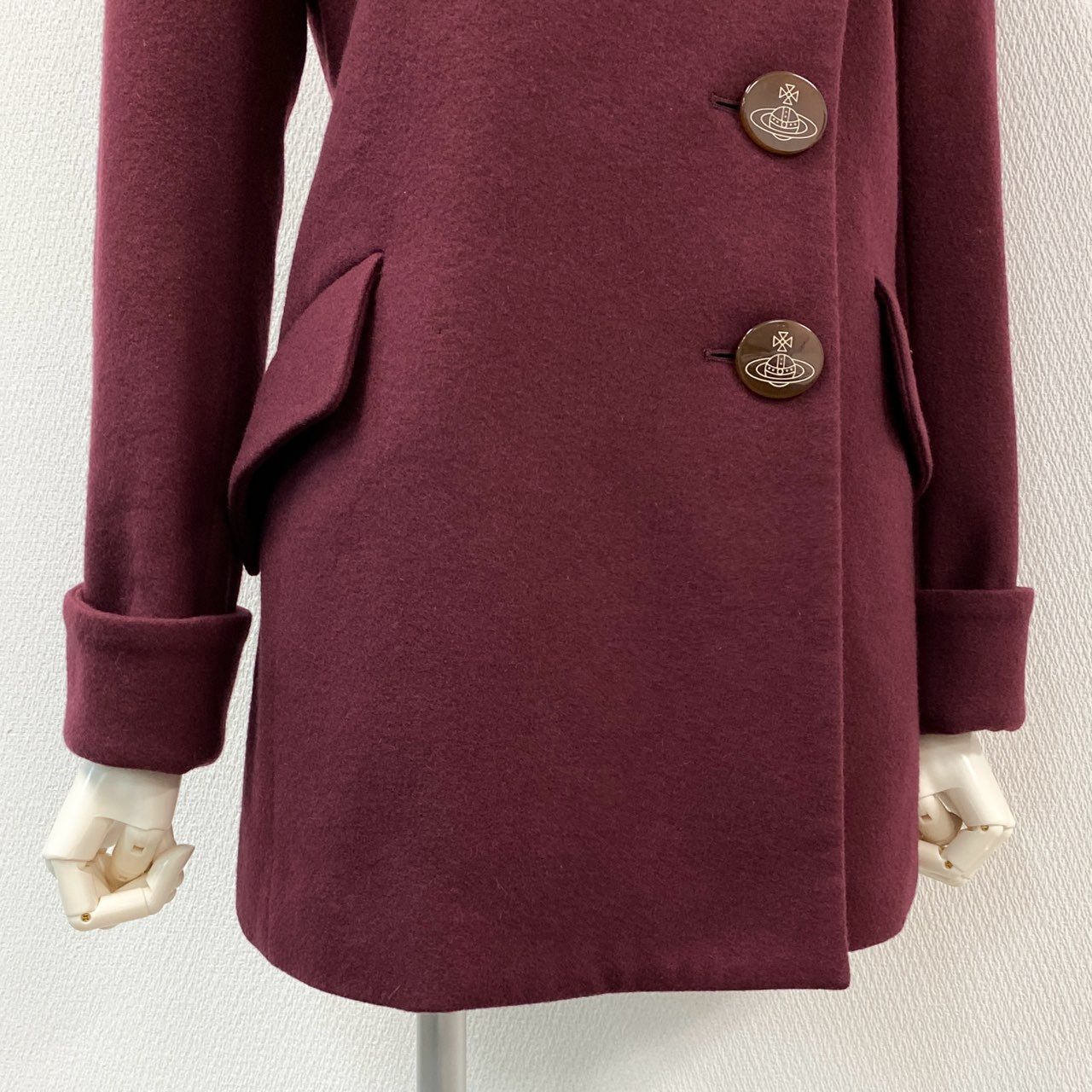 74i8 Vivienne Westwood RED LABEL ヴィヴィアンウエストウッド レッドレーベル オリゾンティ期 オーブボタン ラビットファー襟 ショートコート ジャケット 日本製 2 ボルドー ウール ナイロン レディースk02i