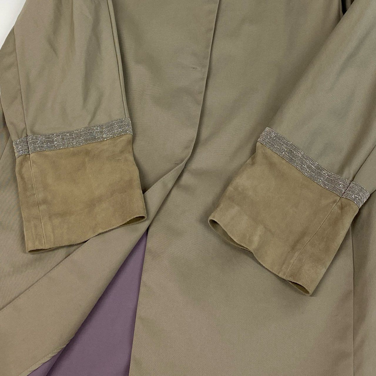 50b22 FABIANA FILIPPI ファビアナフィリッピ ステンカラーコート スプリングコート 薄手 ビーズ装飾 スエードレザー切替 レディース 女性服 XS ベージュu02t