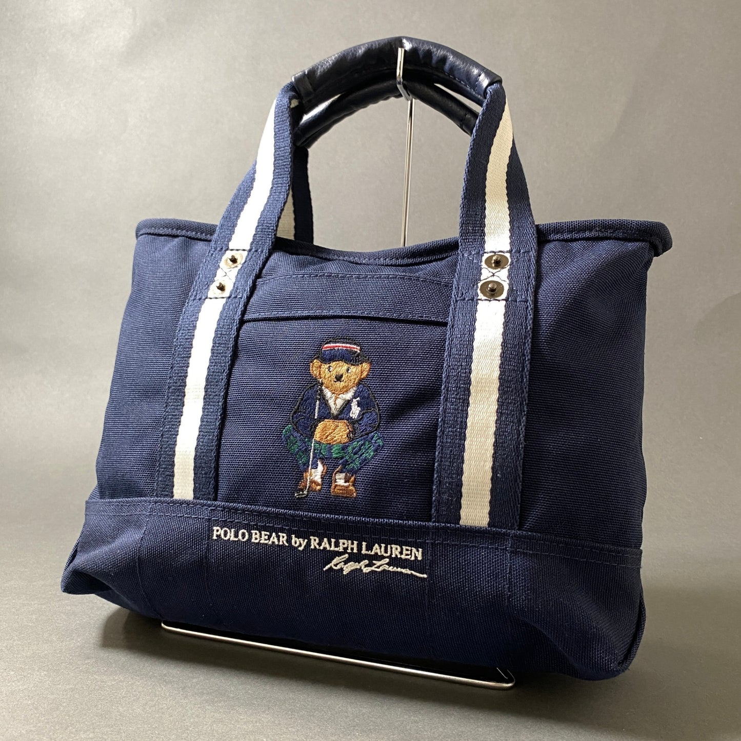 Af26 《美品》 POLO GOLF ポロゴルフ RALPH RAUREN ラルフローレン POLO BEAR MINI TOTE BAG ポロベア キャンバスミニトートバッグ ハンドバッグ ネイビー ショルダーバッグ 刺繍