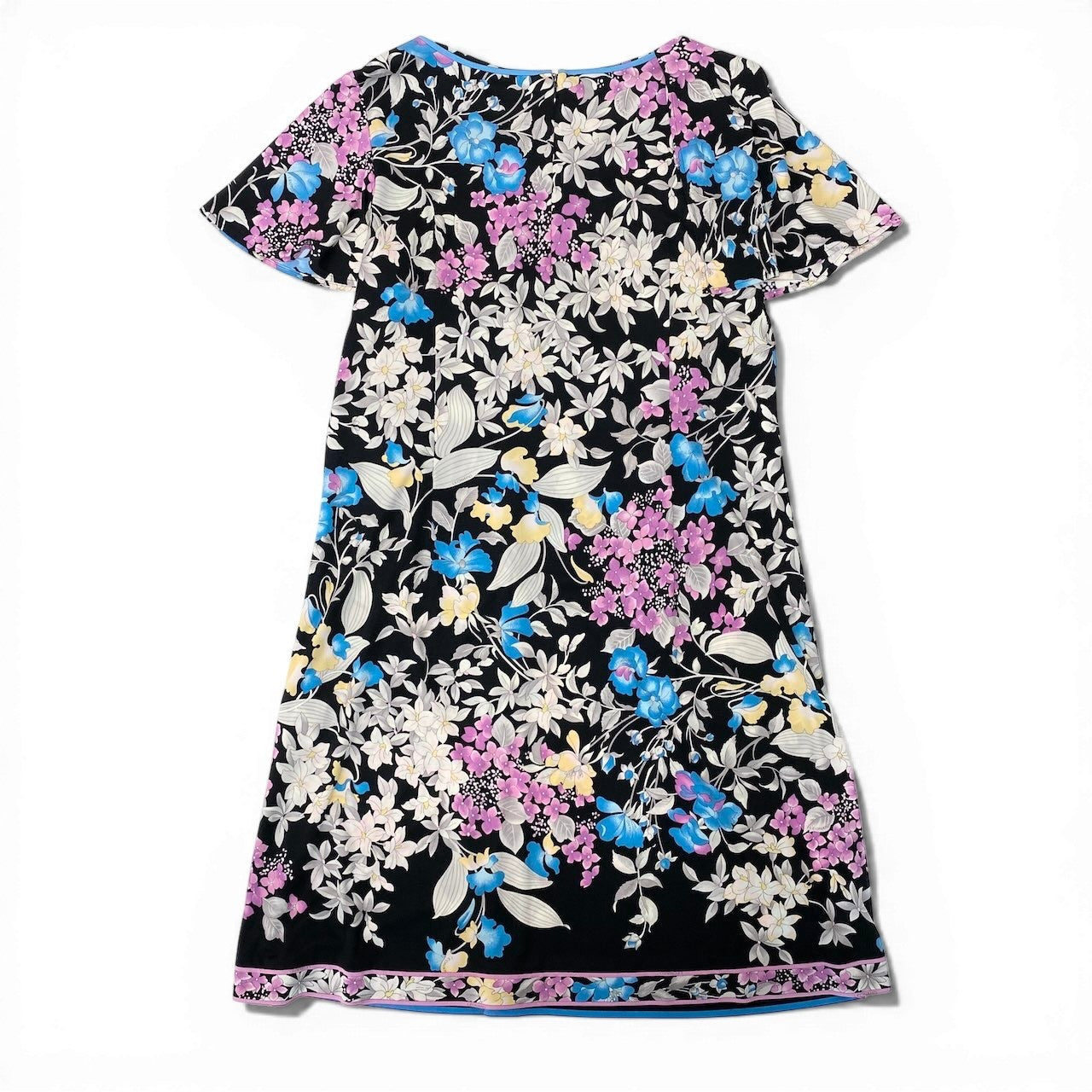 15d12 【美品】 LEONARD FASHION レオナール 膝丈ワンピース 美しい花柄プリント カンカン素材 日本製 サイズ42 ブラック レディース 女性用u02t