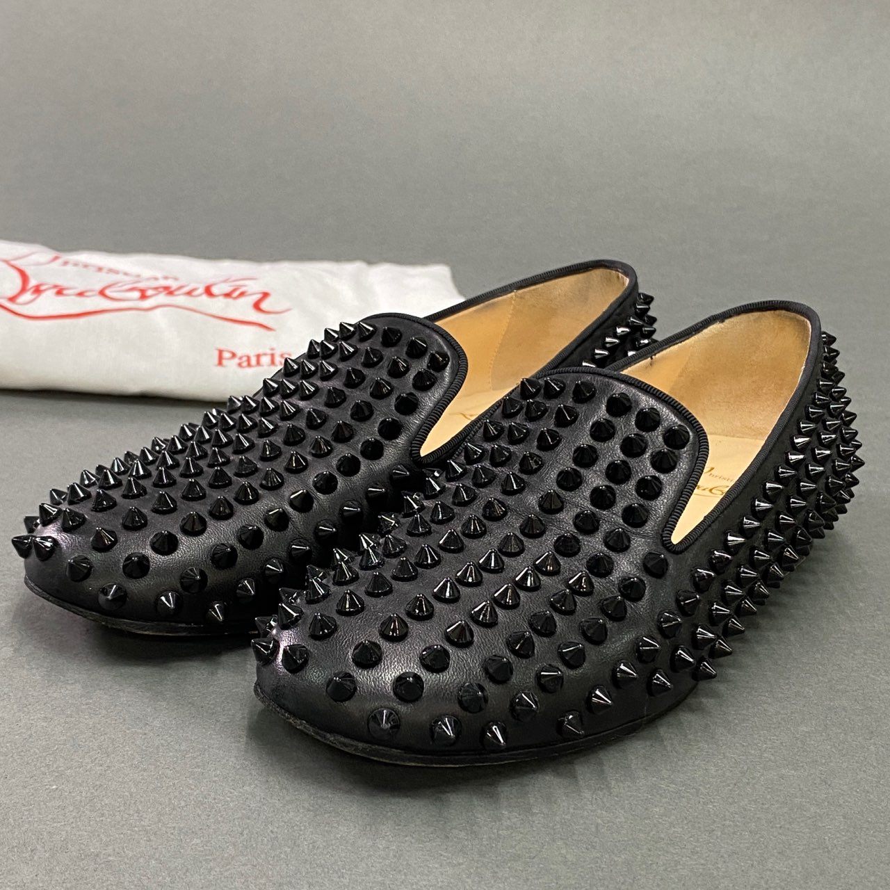 9a10 Christian Louboutin クリスチャンルブタン スタッズ スリッポン レザーシューズ 36 ブラック Leather イタリア製 ローファー