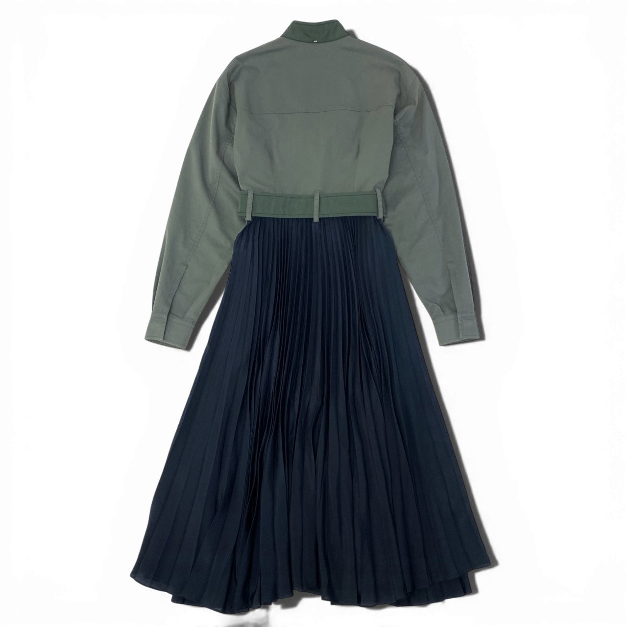 60c6【美品】SPORTMAX スポーツマックス プリーツベルトドレス ワンピース レイヤードワンピース 36サイズ カーキ ネイビー レディース 女性用u02t
