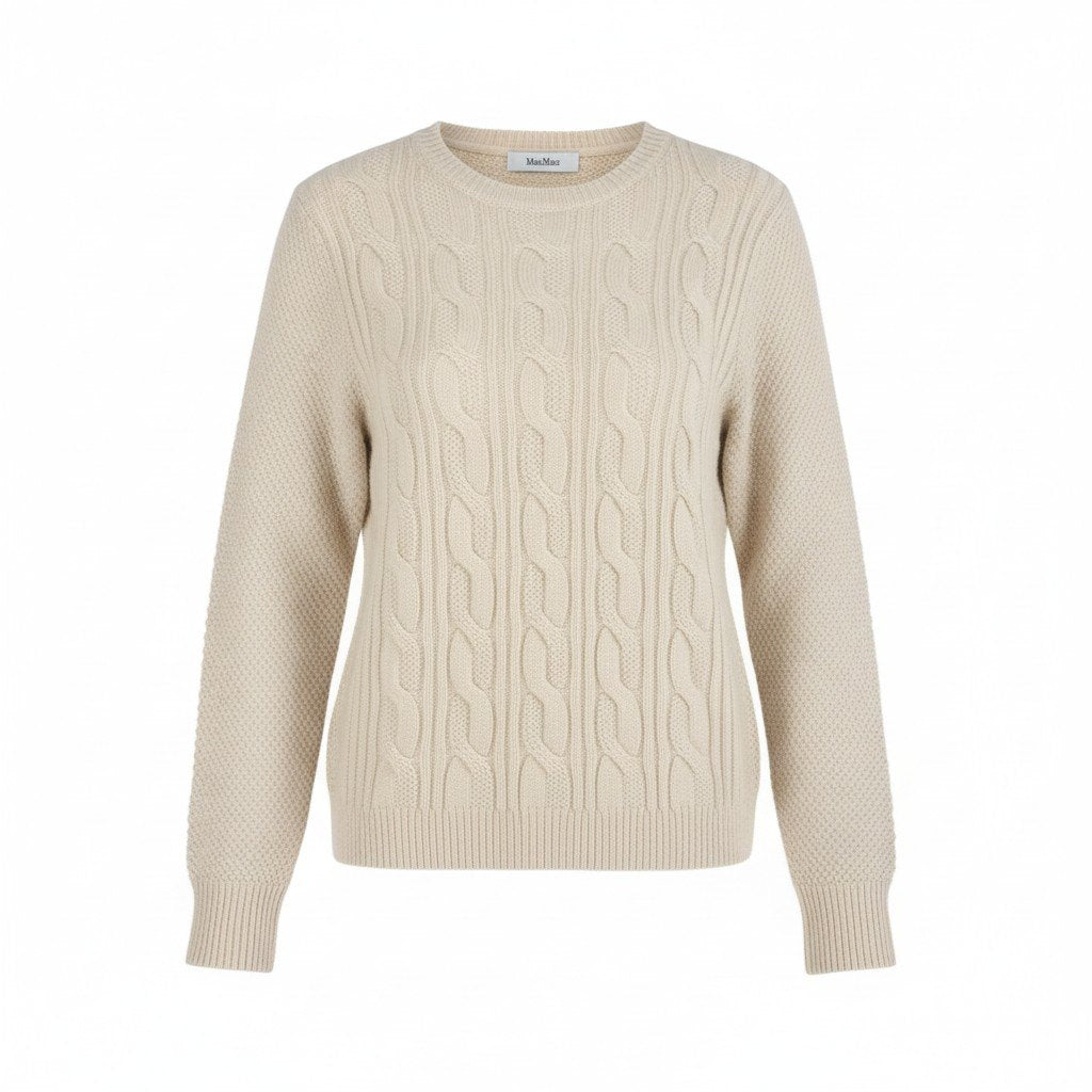 46L8【極美品】MaxMara マックスマーラ ケーブルニット ニットセーター ロングスリーブ カシミヤ混 トップス Sサイズ アイボリー レディースk02i