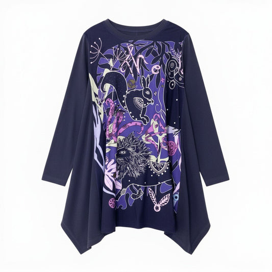 33c10 【美品】 TOKUKO 1er VOL ロングスリーブ チュニックワンピース  アニマル柄 Aライン ストレッチ レディース 女性服 サイズ9 パープルu02t