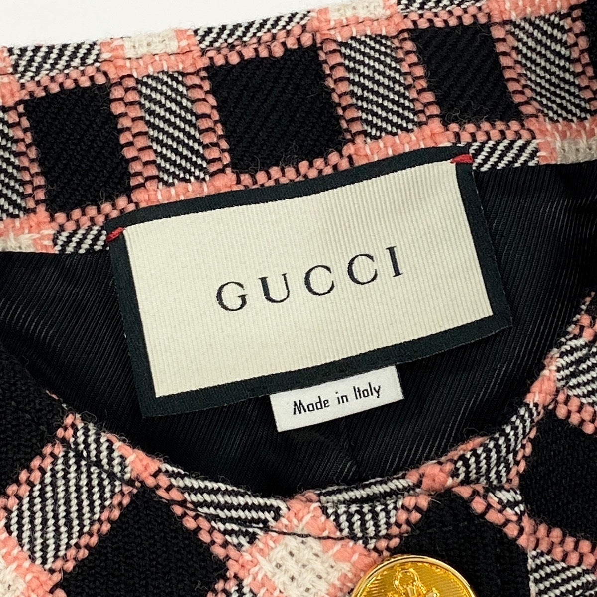Eg3 GUCCI ノースリーブツイードワンピース チェック柄 ゴールドボタン イタリア製 40サイズ ピンク ブラック ウール100％ レディース 女性用k02i