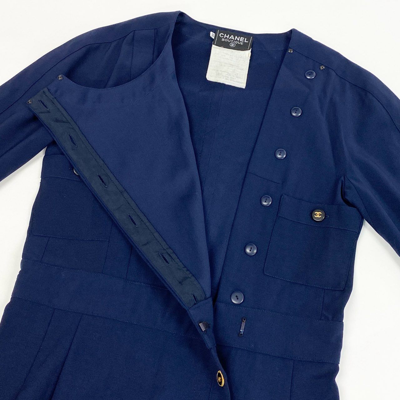 Ca15 【archive】CHANEL ヴィンテージ シャネル 1991年 ランウェイ ココマークボタン ワンピース 長袖ワンピース サイズ38 ネイビー ウール100 レディースta1