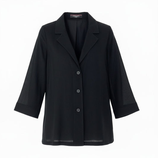 60c6 LEONARD レオナール カンカン素材 薄手カーディガン ラインストーンロゴ LL ブラック レディースu02t