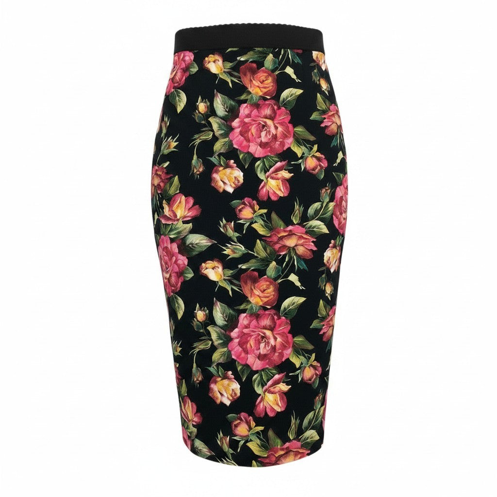 g13 【極美品】DOLCE＆GABBANA フラワープリント ミディ丈 シルクスカート イタリア製 38サイズ ブラック レディース 女性用k02ik02i