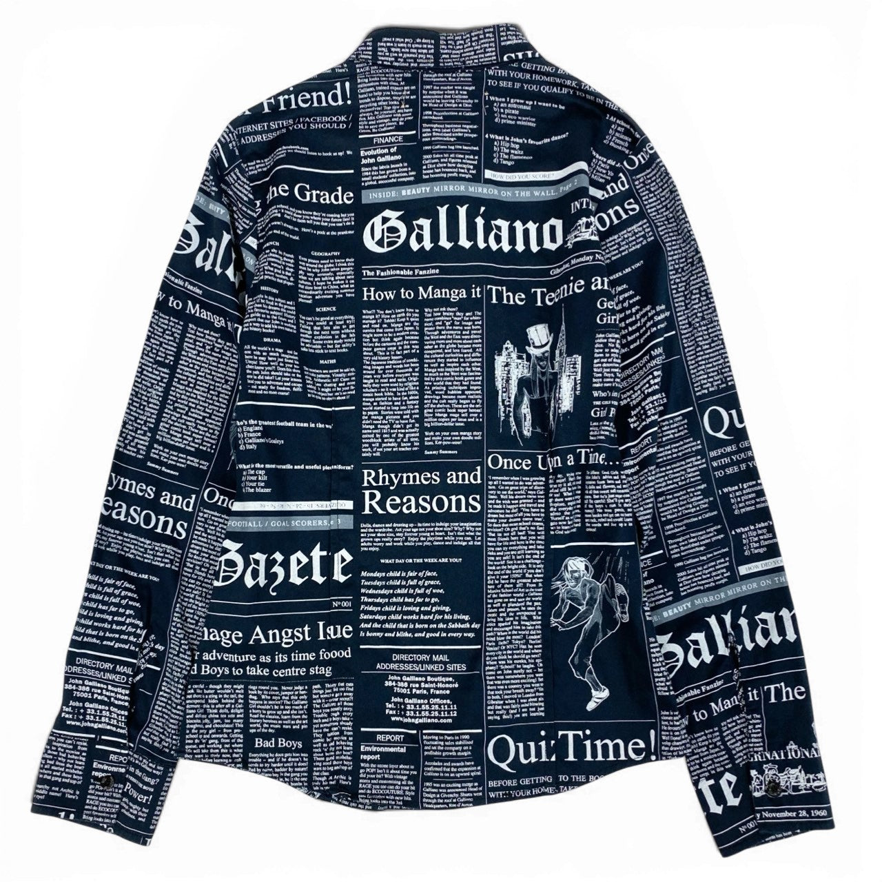 65b10【美品】John Galliano ジョンガリアーノ ヴィンテージ ロングスリーブボタンダウンシャツ  ニュースペーパー柄 12サイズ ブラック ホワイト メンズ 男性用k02i
