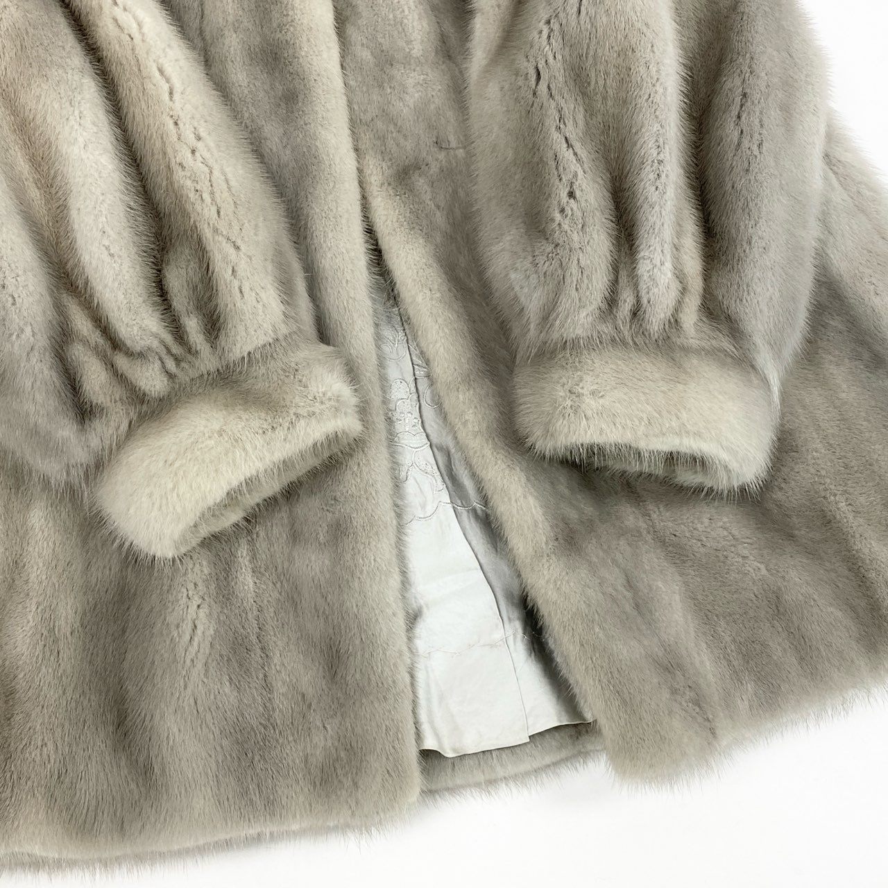 26L5 PRELIOT プレリオット サファイアミンク ロングコート サイズ13号 シルバーグレー 本毛皮 MINK FUR 裏地刺繍 ポケット有t18r