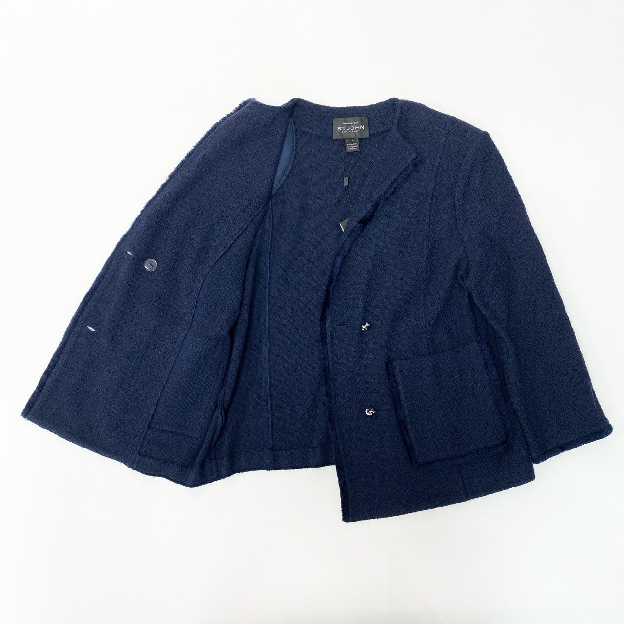 16a16【新品】ST.JOHN セントジョン スプリング ツイードジャケット 短丈ショートジャケット サイズ8 ネイビー レディース 女性用k02i